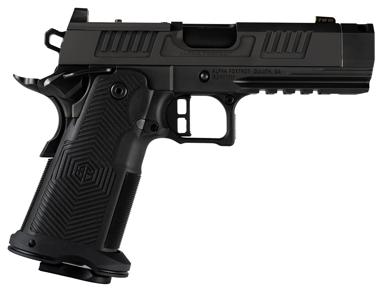 Black semi-automatic pistol with textured grip.
