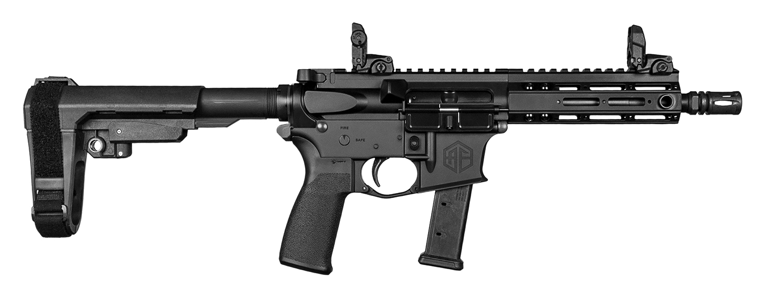Black tactical firearm with adjustable stock.