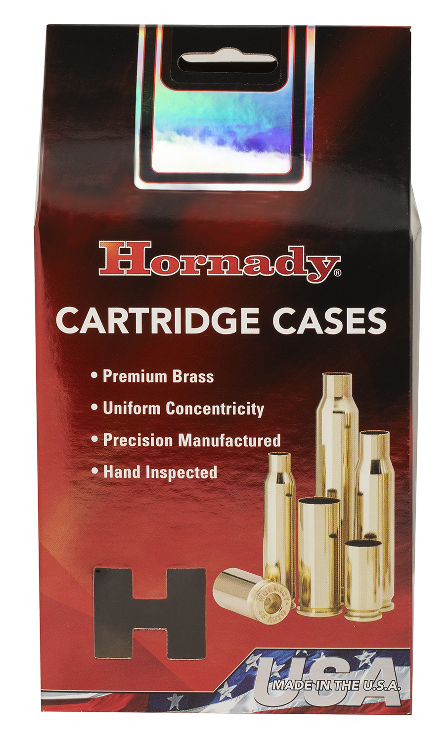 Hornady cartridge cases packaging with brass cartridges.