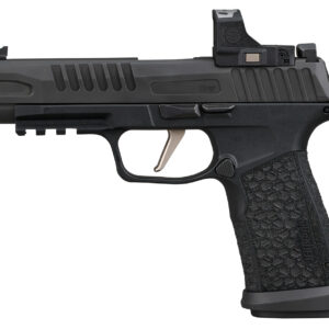 Black semi-automatic pistol with ergonomic grip.