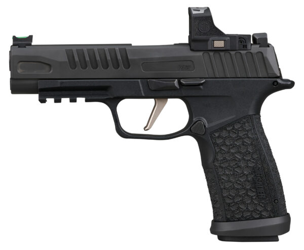 Black semi-automatic pistol with ergonomic grip.