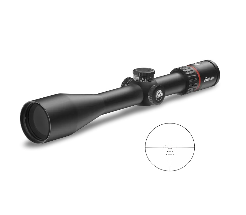 Black rifle scope with adjustable features.
