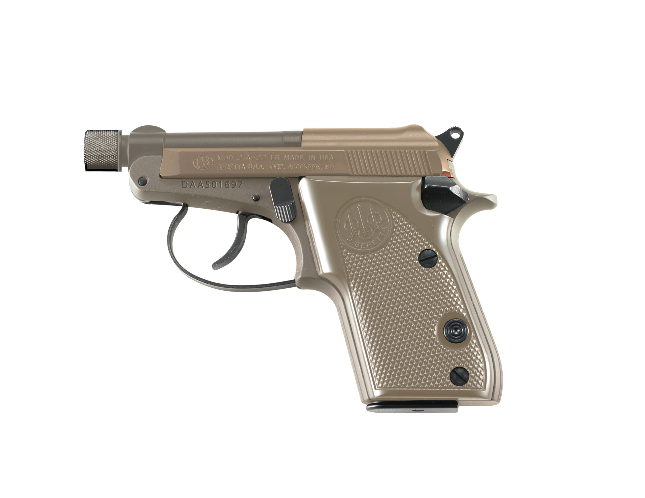 A beige Beretta handgun on a white background.