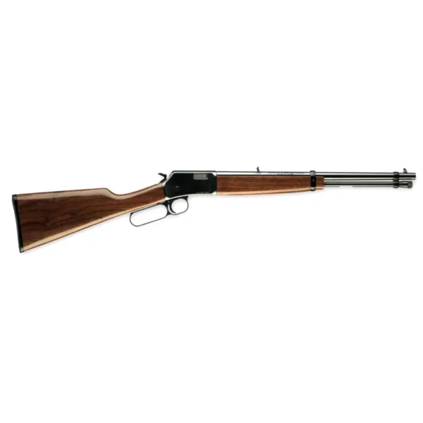 Side view of a wooden stock lever-action rifle.