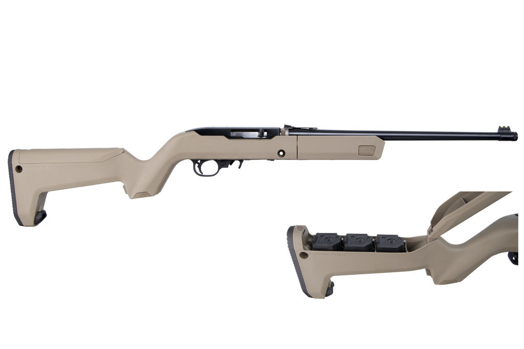 Side view of a tan rifle with features