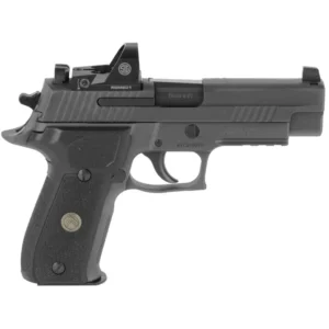 Side view of a black pistol with red dot sight.