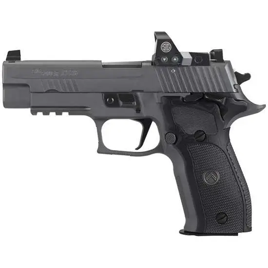 Side view of a modern gray handgun.