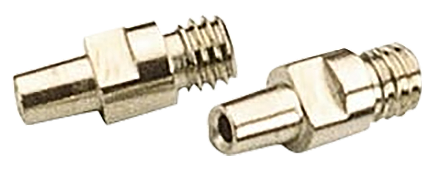 Two metal connectors with threaded ends.
