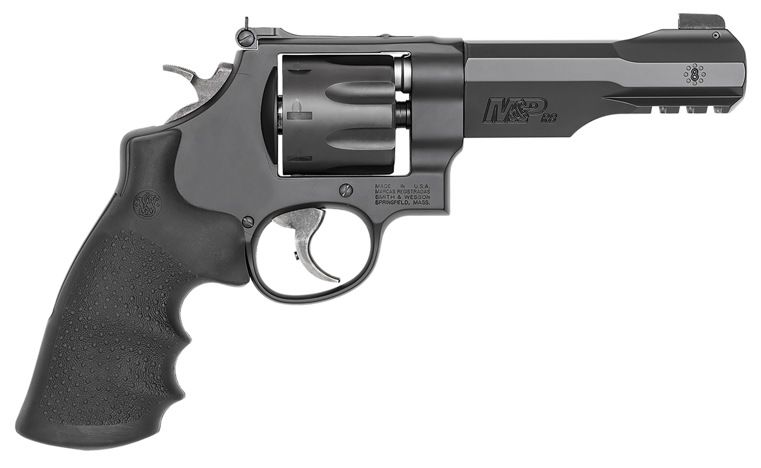 Black revolver with textured grip and cylinder.