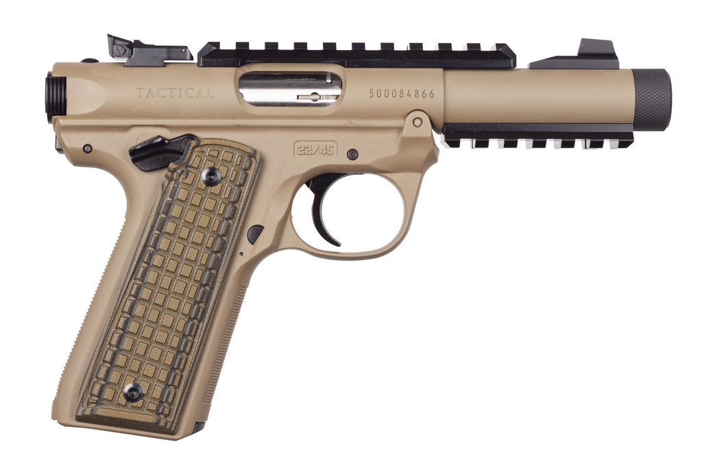 Tactical pistol with ergonomic grip and rail.