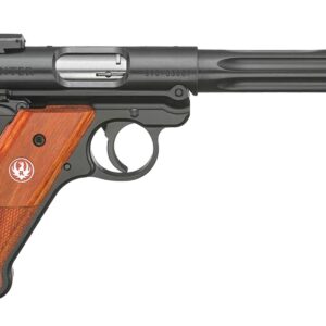 Black pistol with wooden grip and red sights.