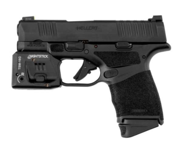Black handgun with tactical light attachment.
