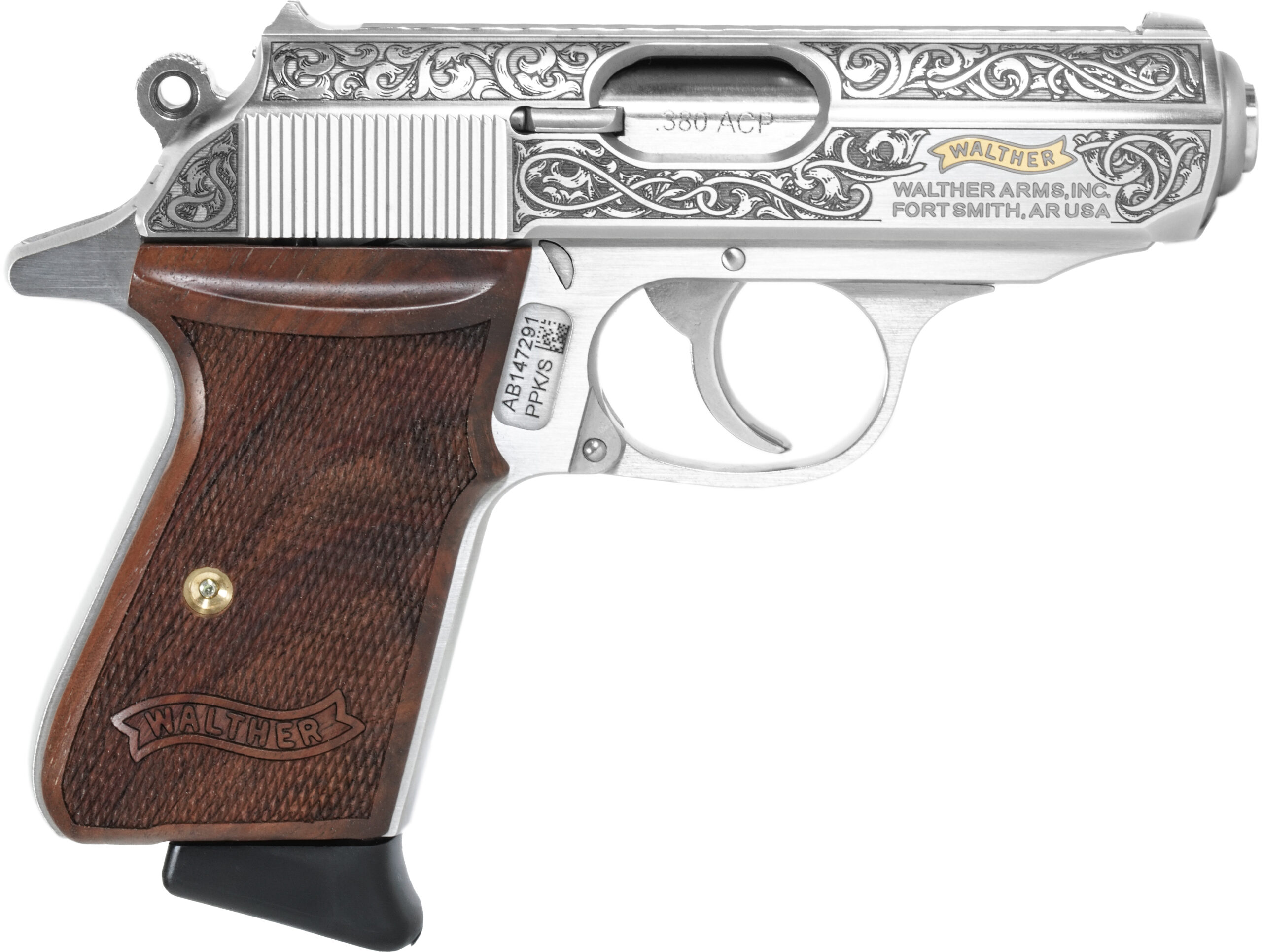 Walther PPK/S handgun with ornate design.