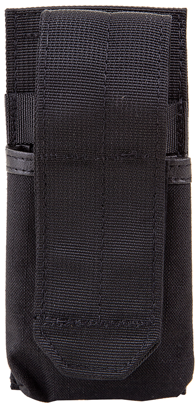 Black tactical pouch with belt attachment.