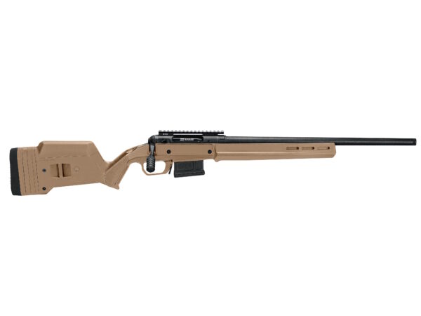 Side view of a tactical rifle in tan color.