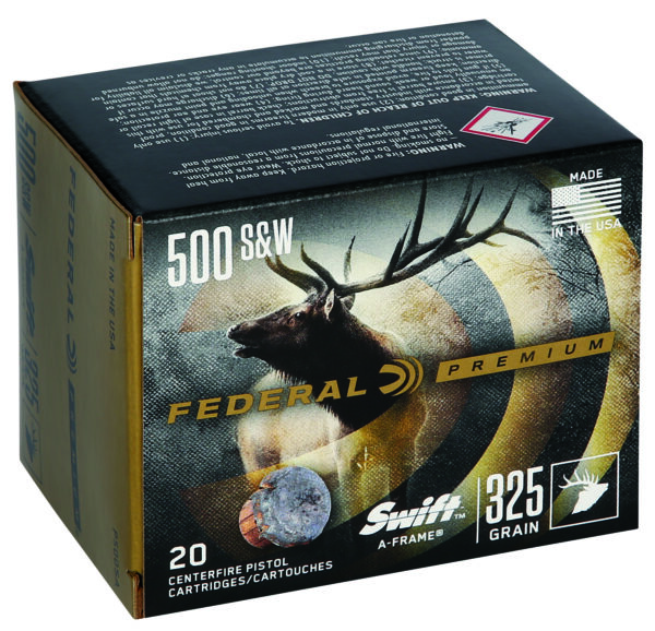 500 S&W ammunition box with elk graphic.