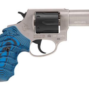 Stainless steel revolver with blue grip.