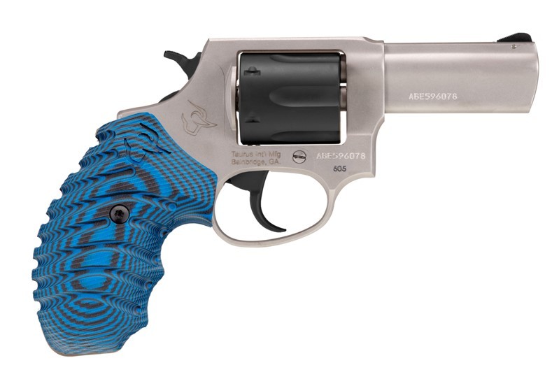 Stainless steel revolver with blue grip.