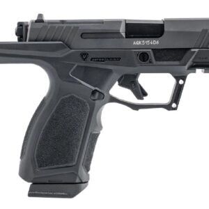 Side view of a modern black handgun.