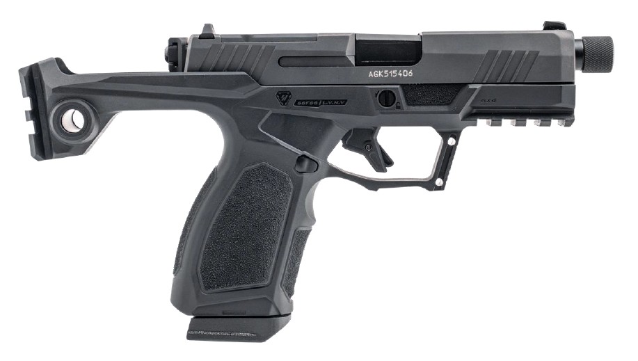 Side view of a modern black handgun.