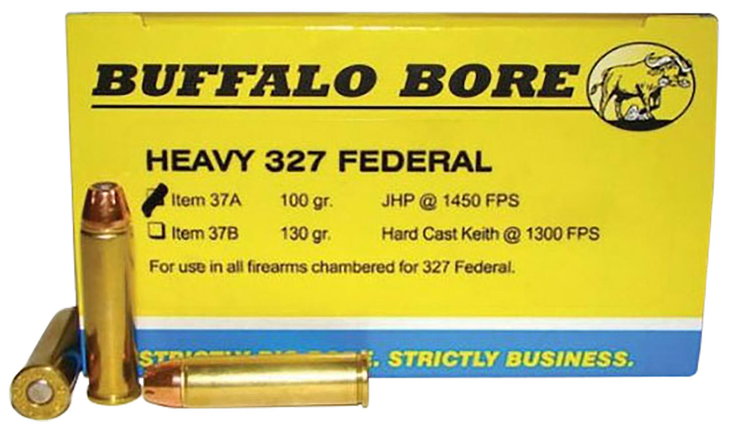 Buffalo Bore Heavy 327 Federal ammunition box and cartridges.