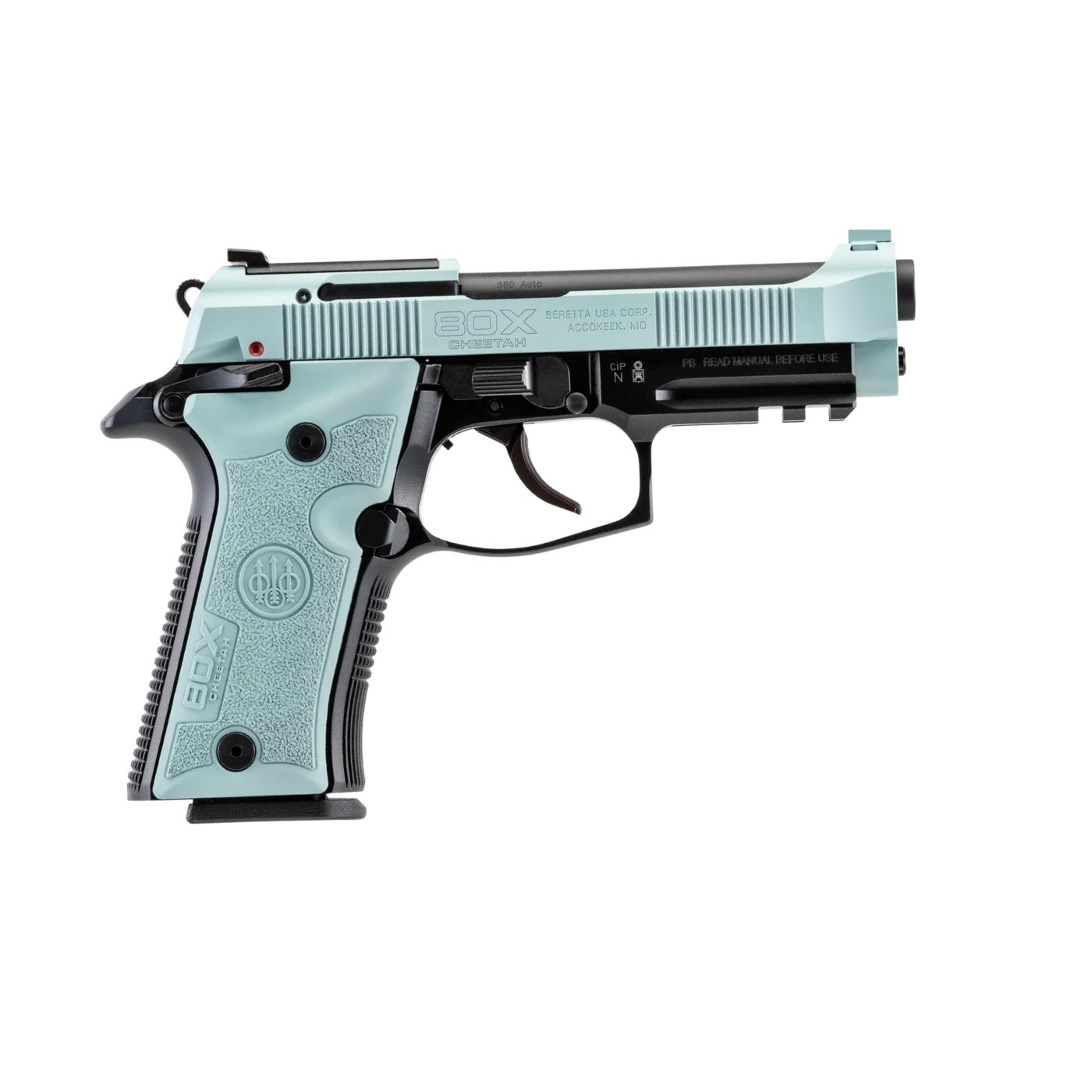 Beretta 80X pistol with a light blue grip