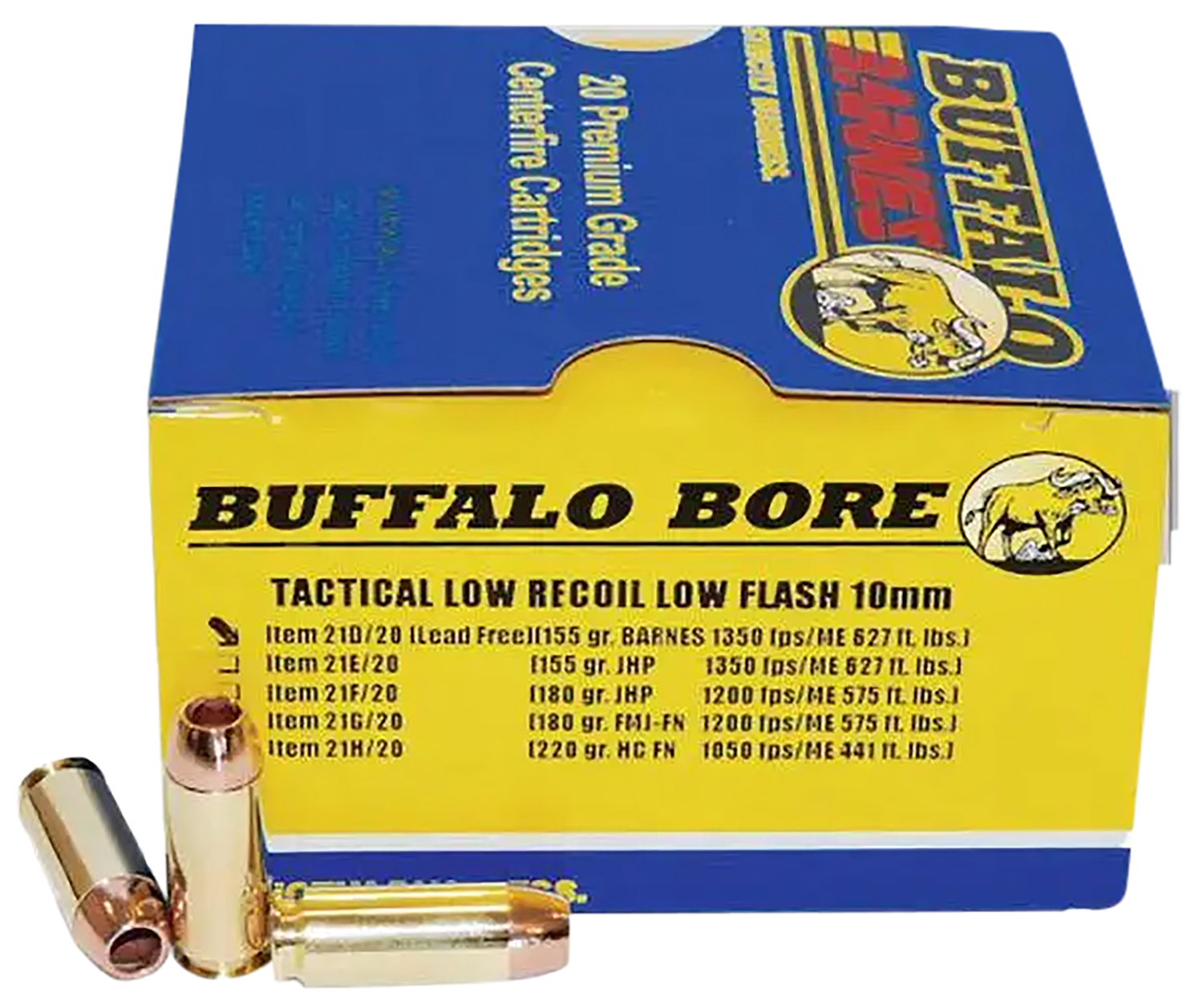 Box of Buffalo Bore 10mm ammunition cartridges.