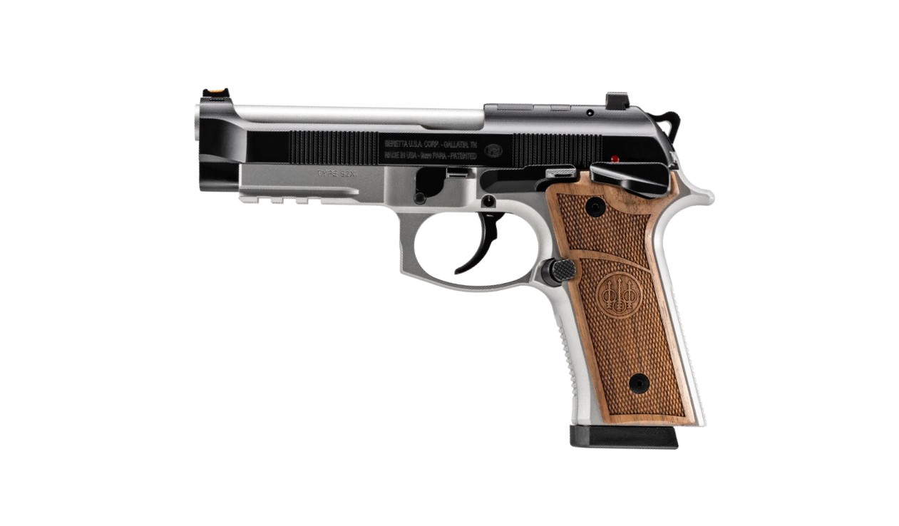 Silver and wood grip semi-automatic handgun.