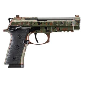 Camouflaged semi-automatic handgun on a white background.