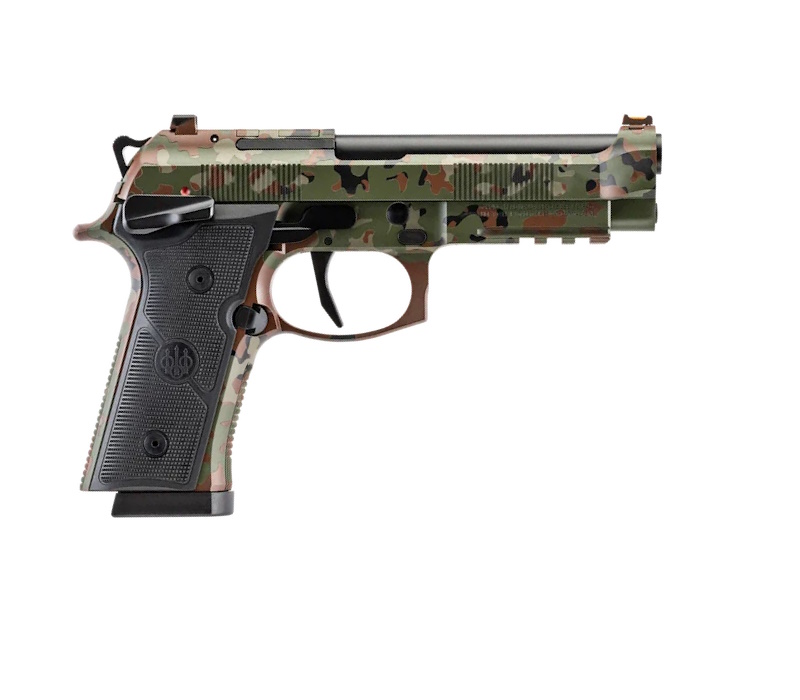 Camouflaged semi-automatic handgun on a white background.