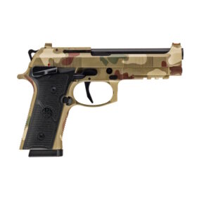 Camouflage-patterned semi-automatic pistol on white background.