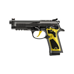 Black handgun with yellow grip details.