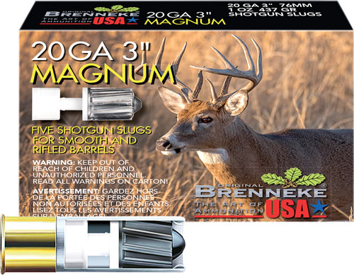 Brenneke 20ga 3" Magnum shotgun slugs packaging