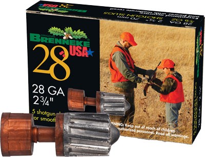 Brenneke 28 GA shotgun shells package and bullets
