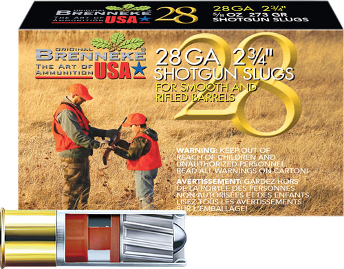 Box of Brenneke 28 GA shotgun slugs and cartridge.