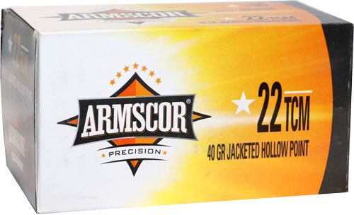 Box of ARMSCOR 22 TCM ammunition, hollow point