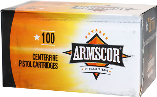 Box of 100 Armscor centerfire pistol cartridges.