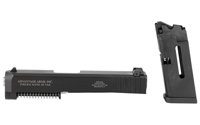 Black firearm slide and magazine assembly