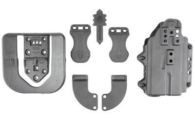 Various gray plastic components arranged on a surface.