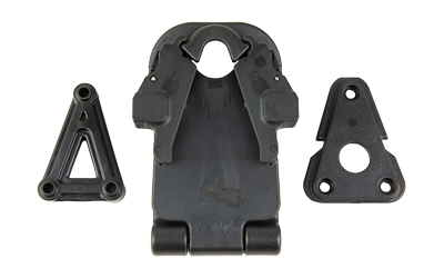 Three black plastic mechanical components on white background.
