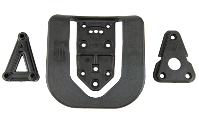 Three black mounting brackets for machinery.
