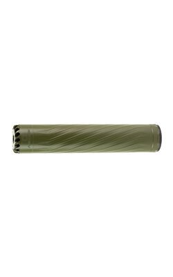 Green cylindrical object with textured design.