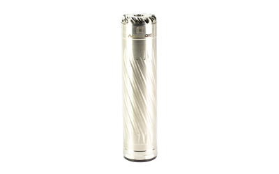 Silver vape mod with a spiral design.
