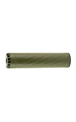 Green cylindrical firearm suppressor on a white background.