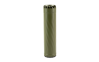 Green cylindrical firearm suppressor on a white background.