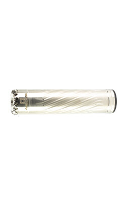 Stylish silver cylindrical object with detailed design.