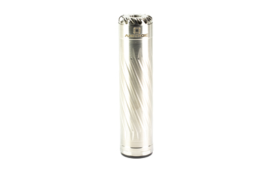Stylish silver cylindrical object with detailed design.