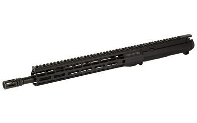 Black rifle upper assembly with rail system.