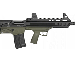 Modern tactical rifle with green and black design.