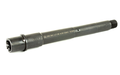 Black firearm barrel with threaded end